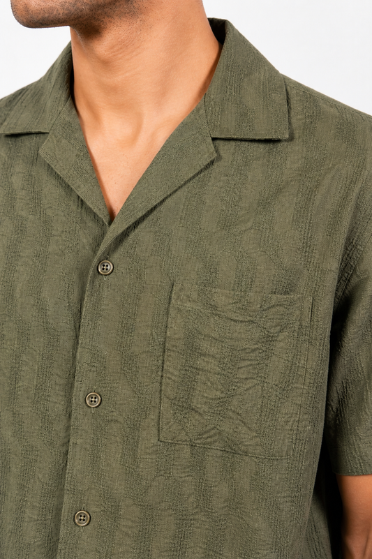 Olive Green Textured Camp Collar Shirt