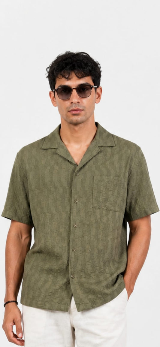 Olive Green Textured Camp Collar Shirt