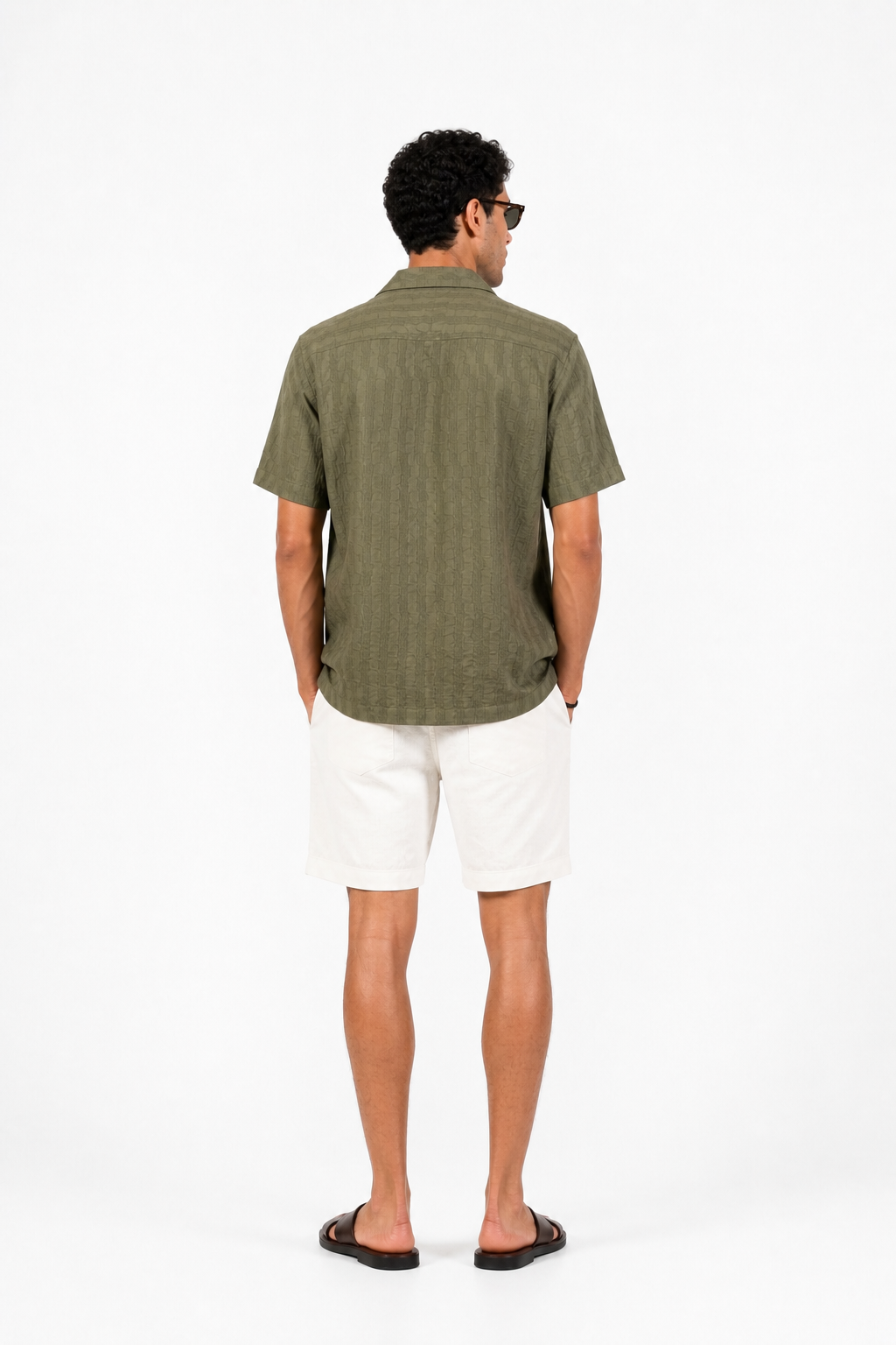 Olive Green Textured Camp Collar Shirt