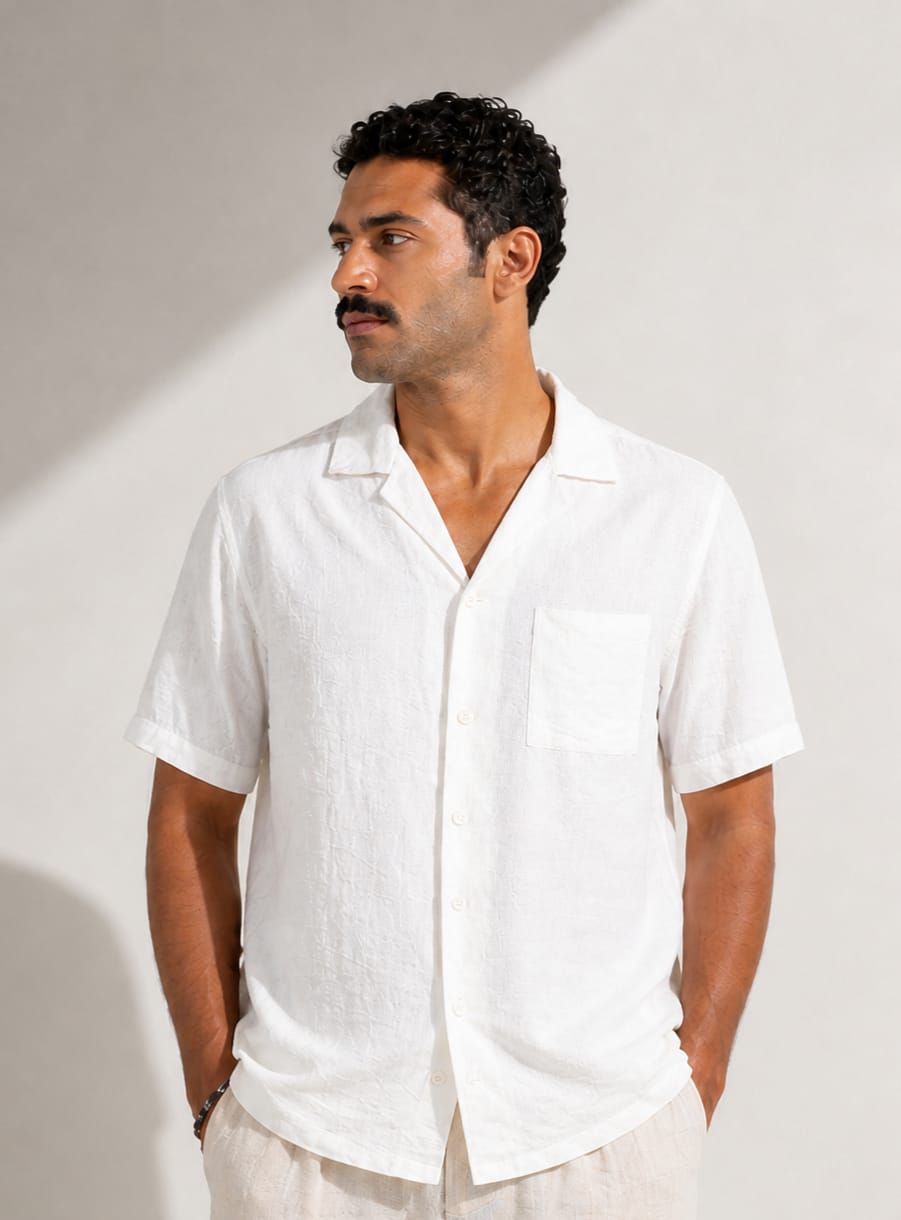 White Linen Camp Collar Shirt