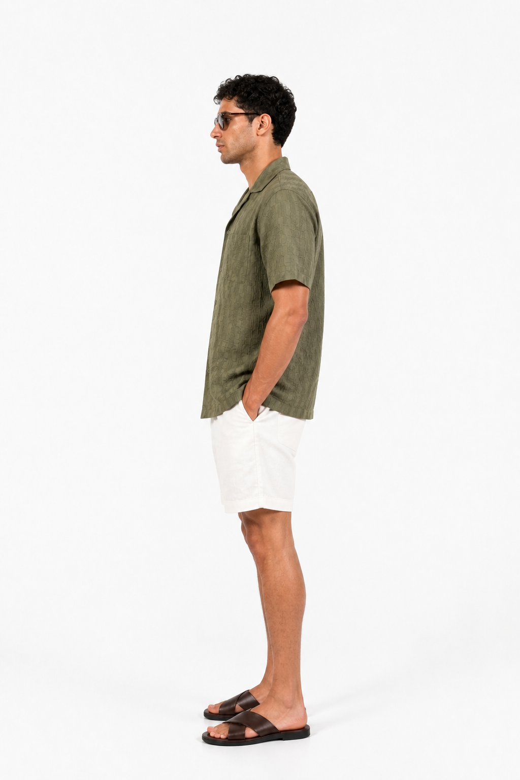 Olive Green Textured Camp Collar Shirt
