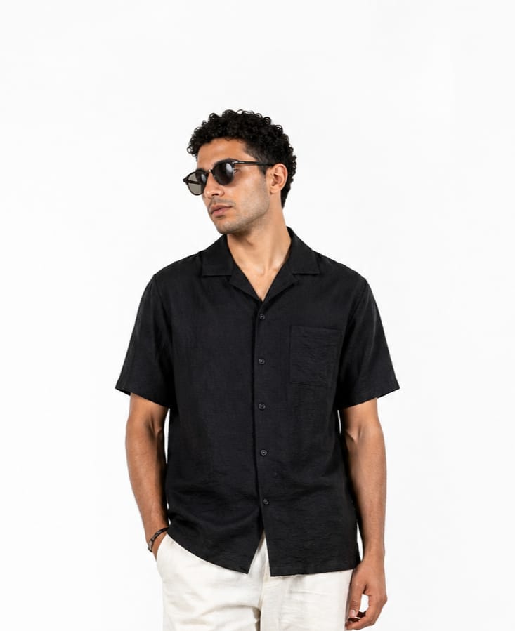 Black Linen Camp Collar Shirt